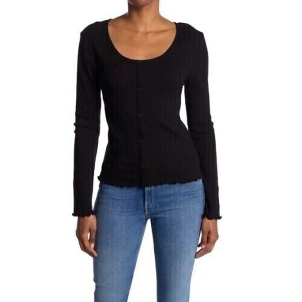 ABOUND Black shirt top Medium NEW Long Sleeve Boat Neck Lettuce Edge Button Trim